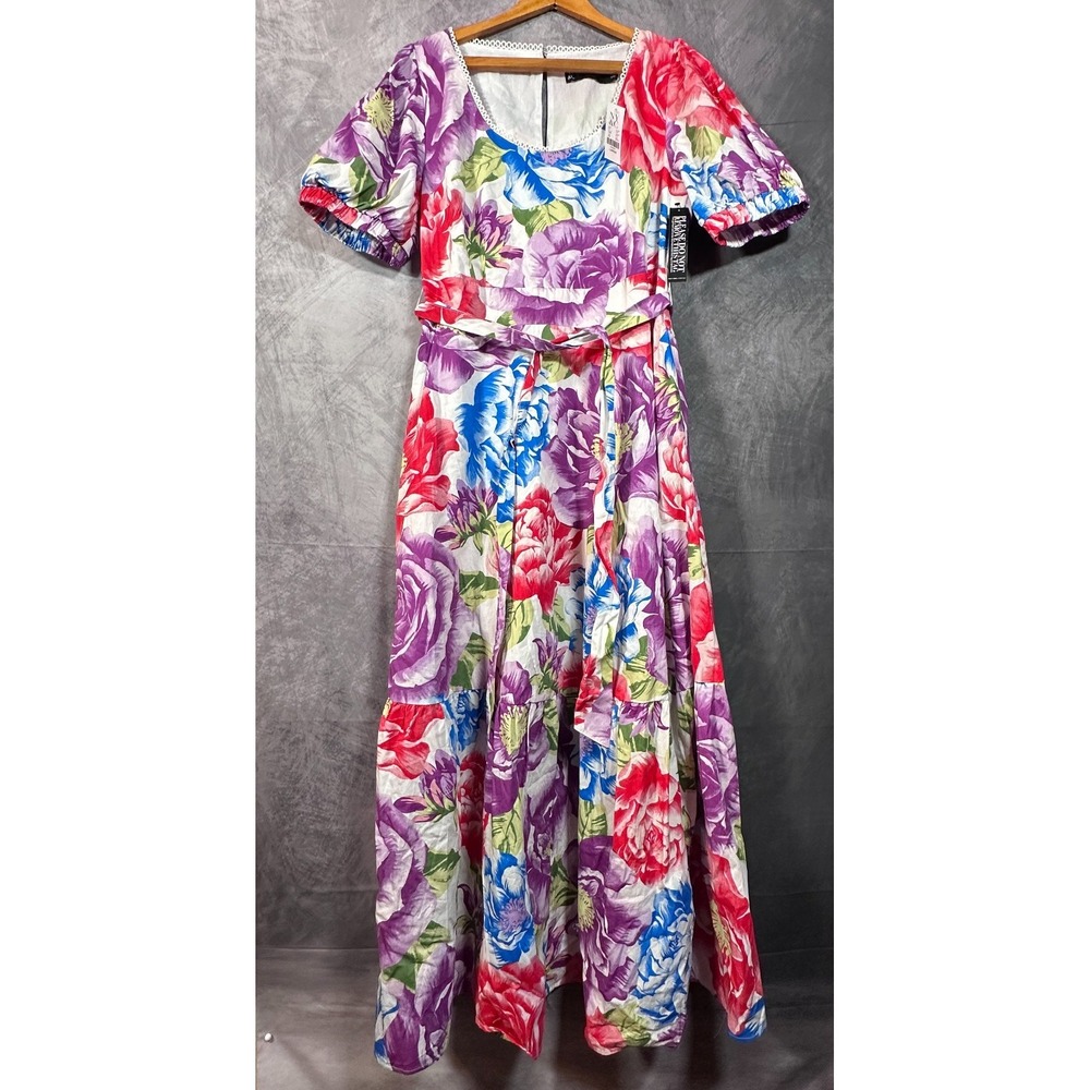 New York & Company Maxi Dress Womens L Petite Multicolor Floral Tiered Tie Waist